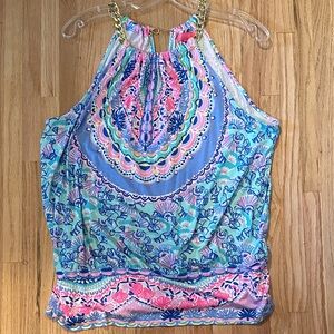 Vibrant Halter Top with Gold Chain Accent